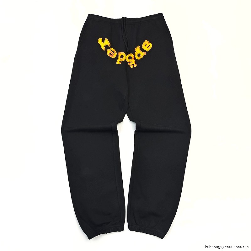 Bold Yellow Wordmark Graphics And Cuffed Hems Black Sp5der Logo Sweatpants