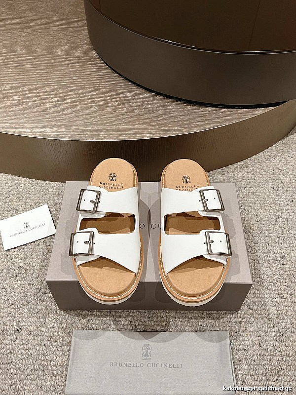 Brunello Cucinelli Double-Button Minimalist-Style White Slide Sandals