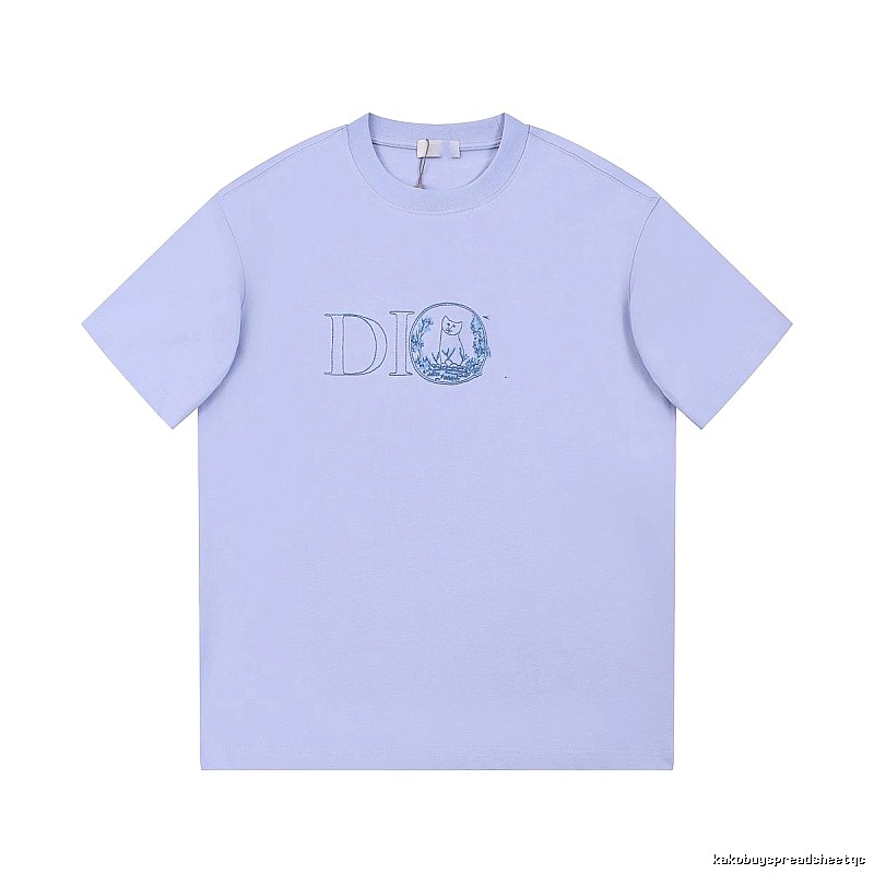 Dior Cat-Embroidered Casual Light Purple Short-sleeve T-Shirt