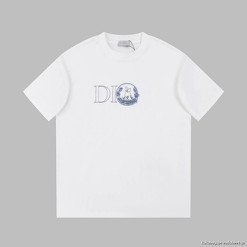 Dior Cat-Embroidered Light Luxury Style White Short-sleeve T-shirt