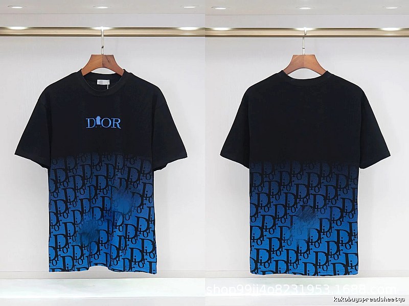 Dior Classic Monogram Trendy Style Black-Blue Gradient T-Shirt