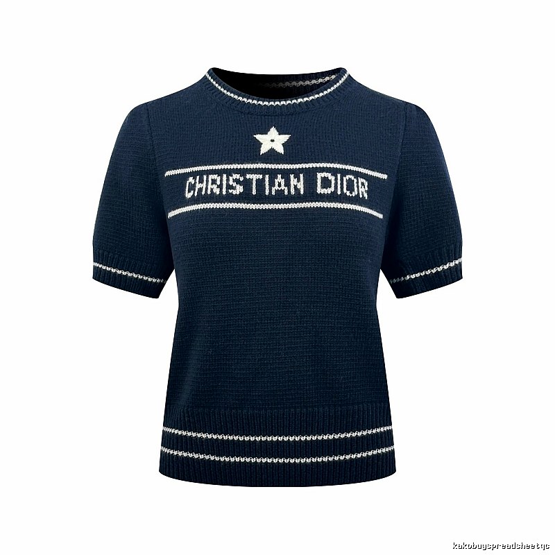 Dior Short Sleeve Knit Sweater with Cream Trim and Star Detail
