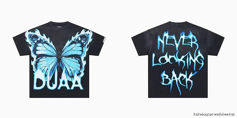 DUAA Butterfly Print Street Style Black and Blue Short-sleeved T-shirt