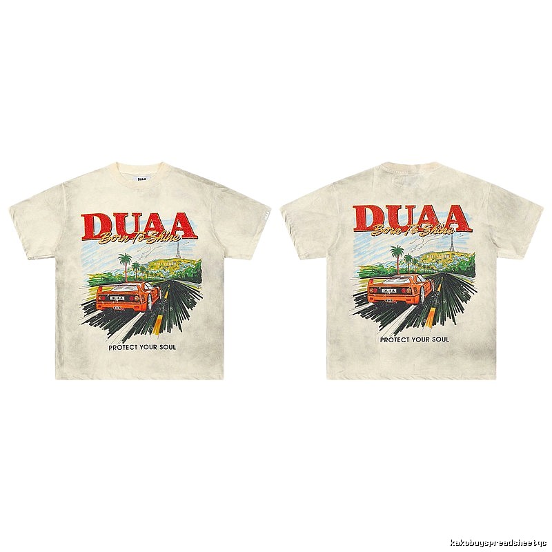 DUAA Sports Car Print American Retro Off-white Short Sleeve T-Shirt