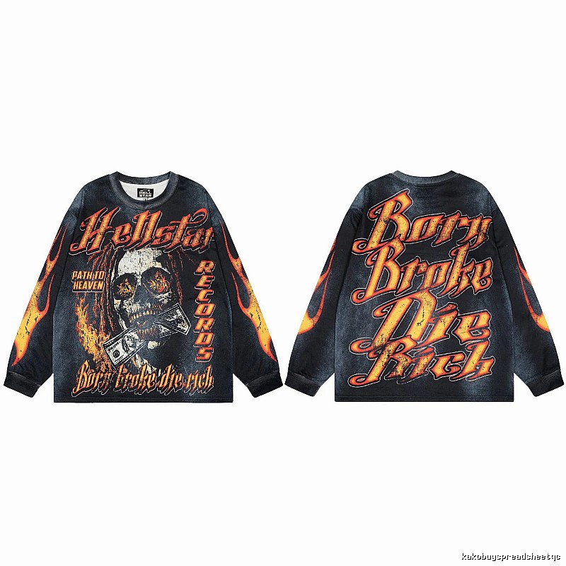 Hellstar Skull Flame Street Style Black & Orange Long Sleeve T-Shirt