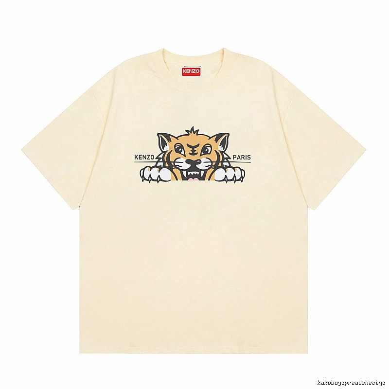 KENZO Tiger Head Print Streetwear Style Beige Short Sleeve T-Shirt