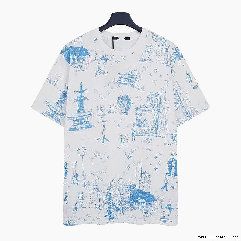 Louis Vuitton City Print Casual Style White and Blue T-Shirt