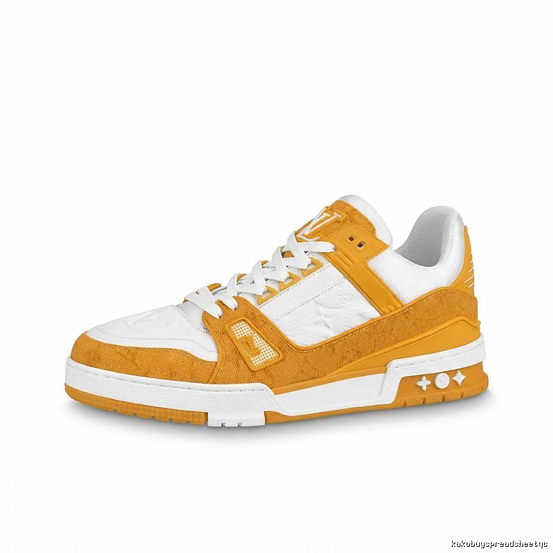 Louis Vuitton low-top sneakers in orange and white color blocking.