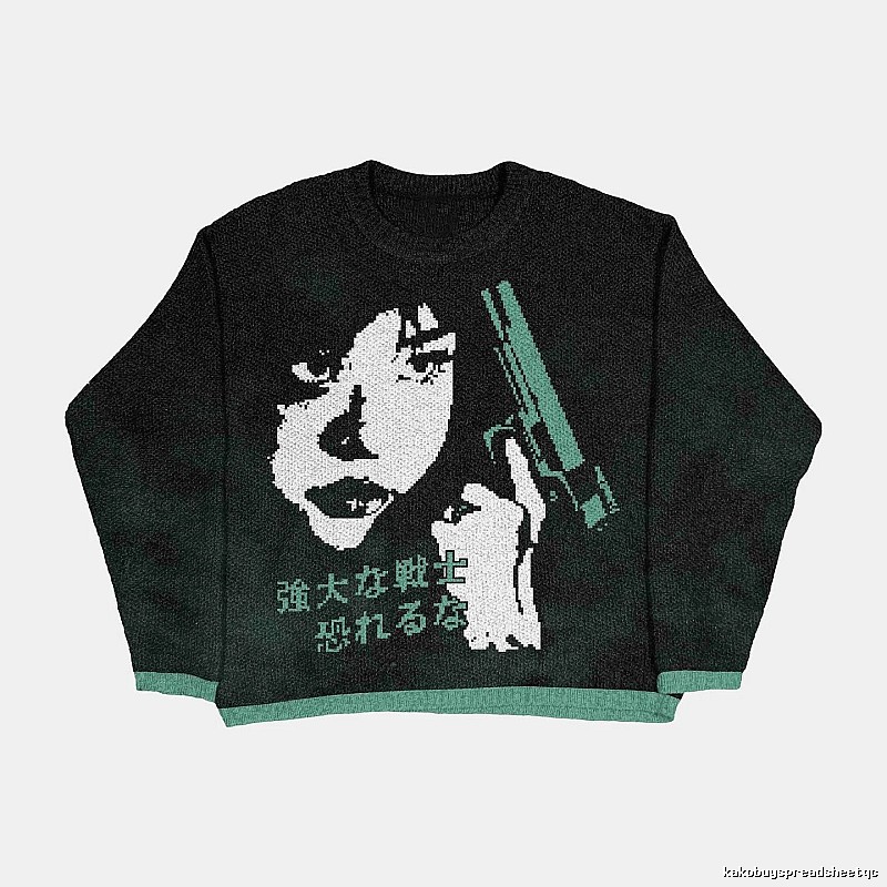 Resort Anime graphic sweater Black Knit Top for Travel Looks