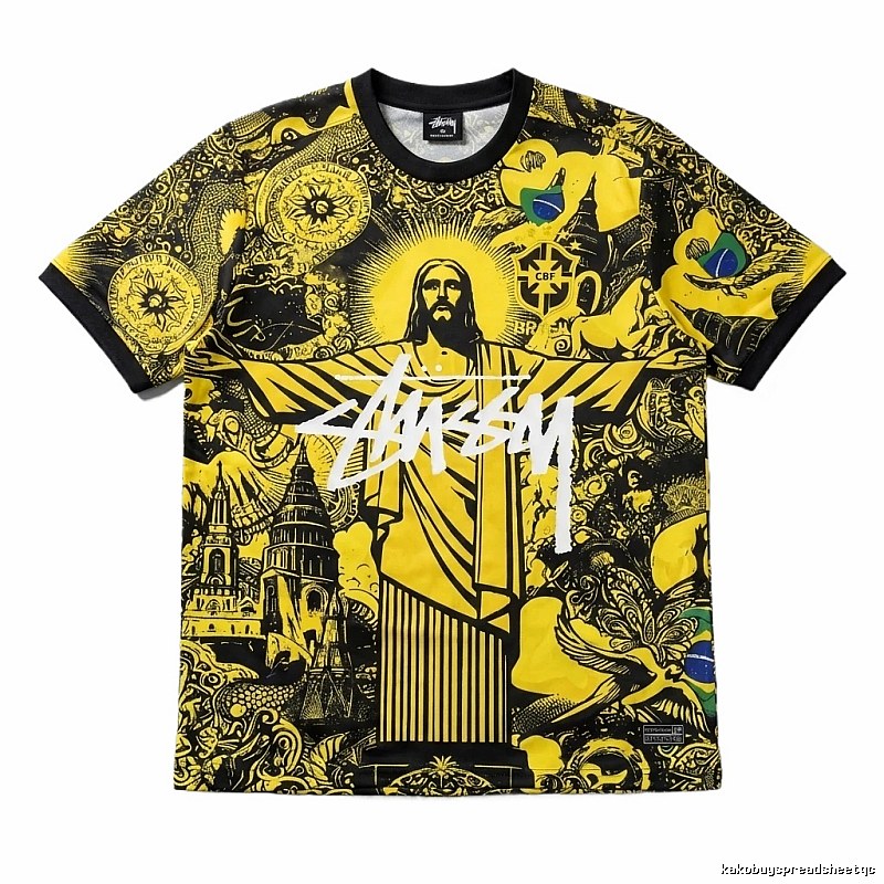 Stussy's religious-style yellow and black short-sleeve T-shirt