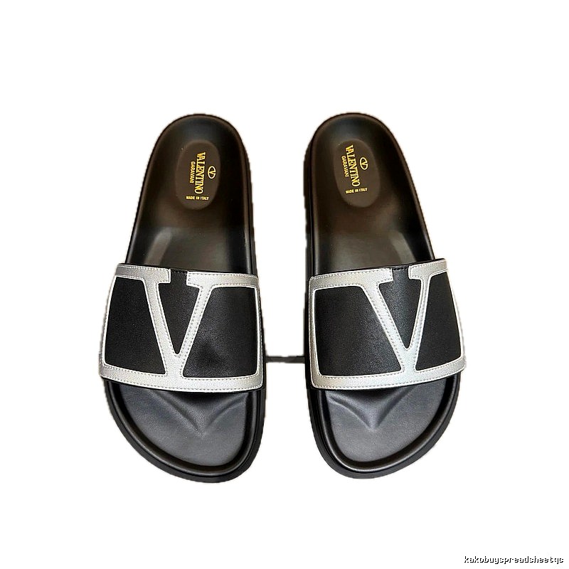 Valentino Large V Logo Light Luxury Style Black and Silver Slide Sandals